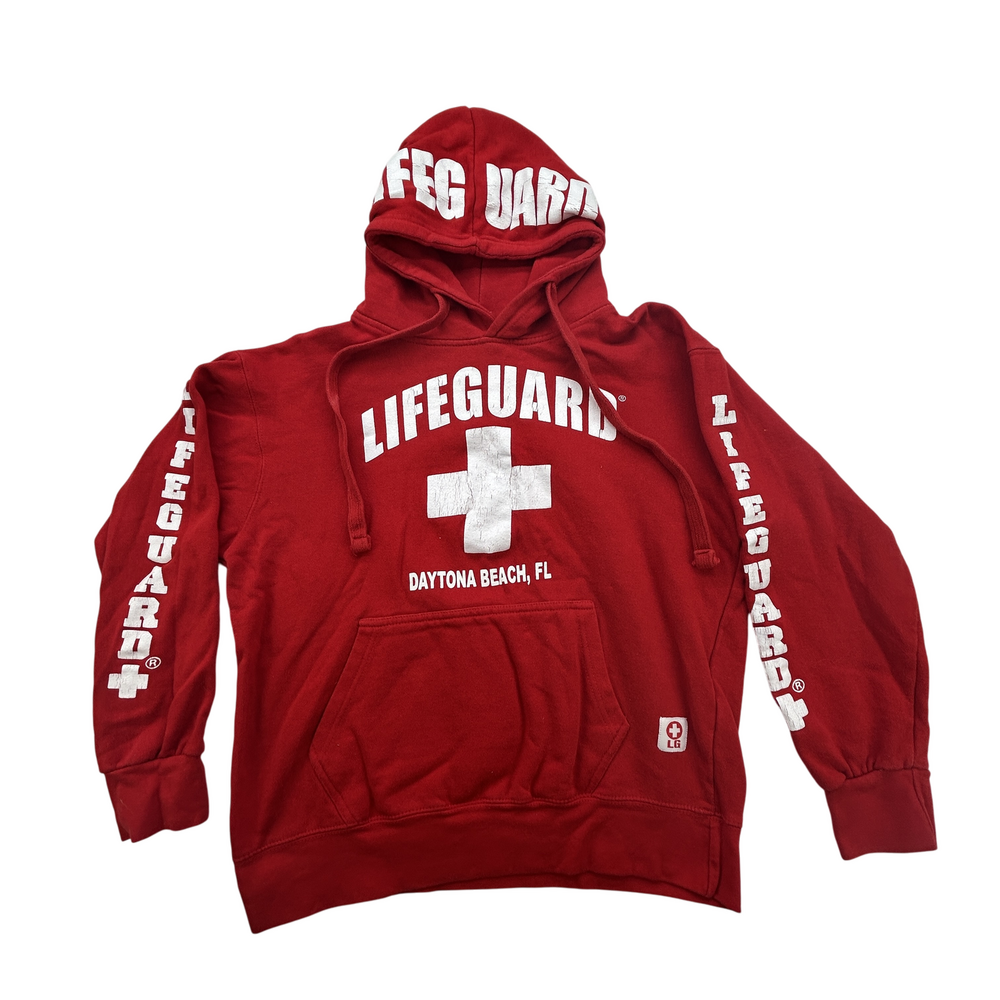 Lifeguard Hoodie Unisex Medium Daytona Beach FL Graphic Print Red Pullover